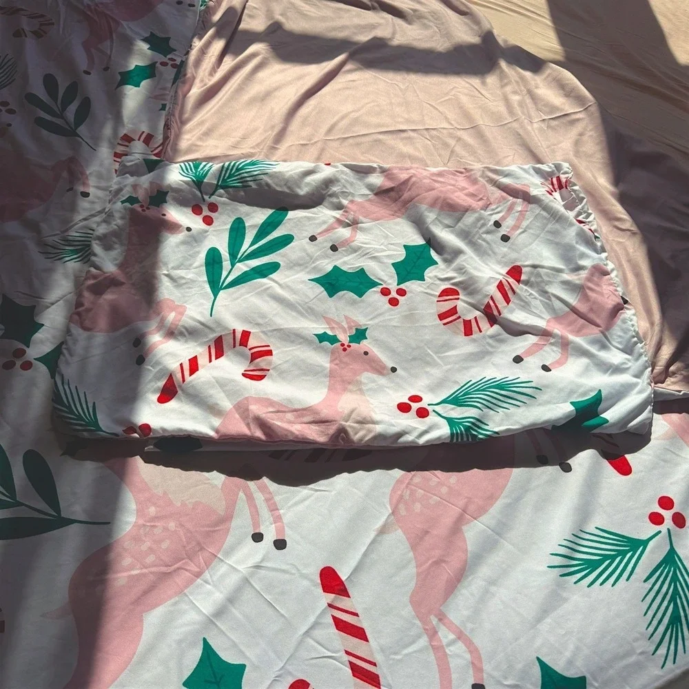 Pink MCM Cute Christmas Reindeer Christmas Holly Duvet Cover + Pillowcases Full